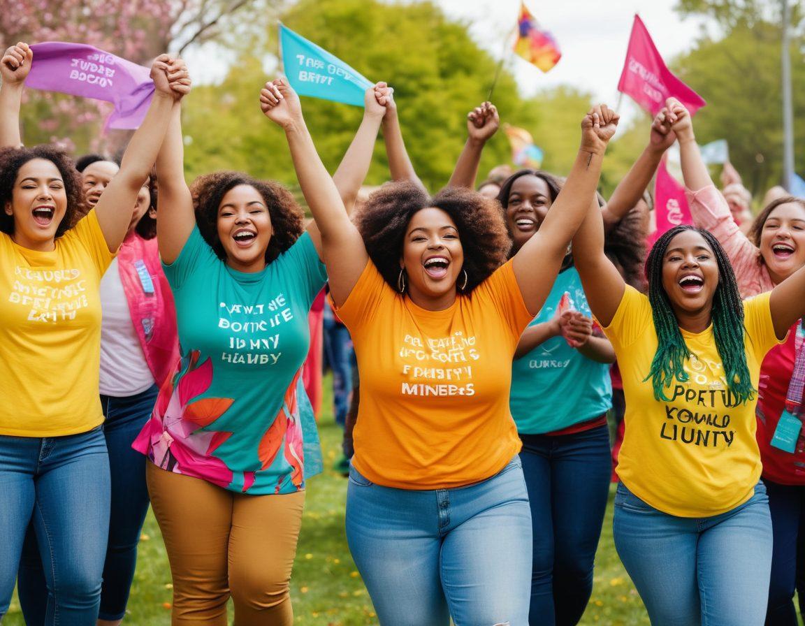 A diverse group of people of various sizes, shapes, and colors joyfully celebrating in a park, each person wearing vibrant clothing and displaying confident, positive body language. In the background, colorful banners with inspiring body positivity messages flutter in the breeze, while supportive friends hug and uplift each other. Include an atmosphere of unity, happiness, and empowerment, with blossoms and greenery enhancing the scene. super-realistic. vibrant colors. bright and cheerful ambiance.