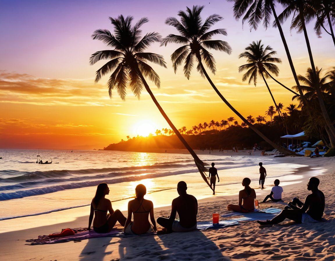 A serene beach scene featuring diverse individuals of all shapes and sizes joyfully engaging in activities like beach volleyball and sunbathing, smiling and laughing together. The sun is setting in the background, casting a warm golden glow, enhancing a sense of community and acceptance. Add elements of nature like palm trees and gentle waves to emphasize tranquility. super-realistic. vibrant colors. uplifting atmosphere.